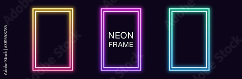 Gradient neon rectangle Frame. Vector set of rectangular neon Border with double outline