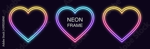 Gradient neon heart Frame. Vector set of romantic neon Border with double outline