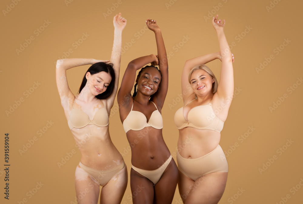 Happy Three Women With Different Body Shapes And Appearance On Beige Background - obrazy, fototapety, plakaty 