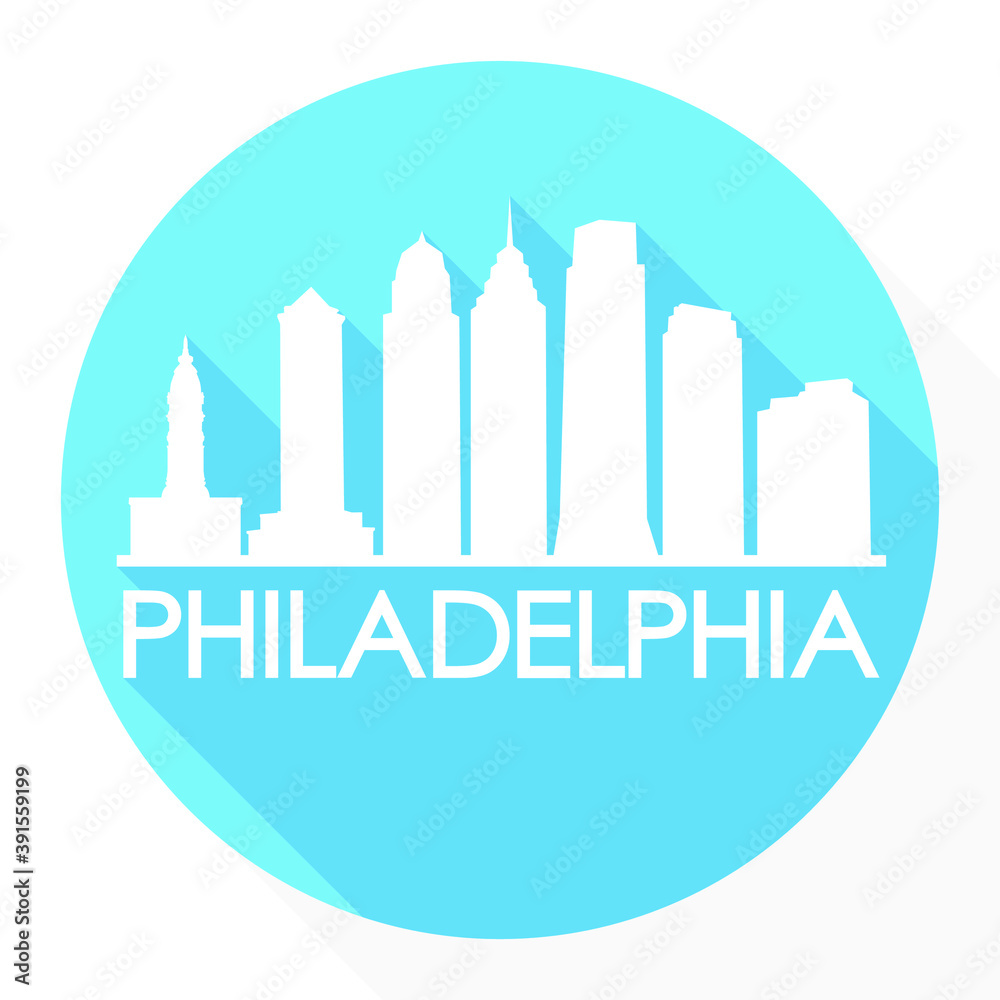 Philadelphia Skyline Button Icon Round Flat Vector Art Design Color Background Logo.