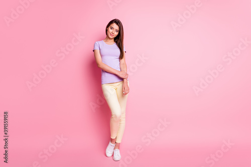 Full length photo of positive friendly lady wear casual outfit folded hands isolated on pink color background