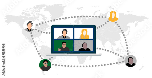 people connecting, learning or meeting online with teleconference, video conference remote working on the laptop computer, work from home and work from anywhere concept, flat vector illustration