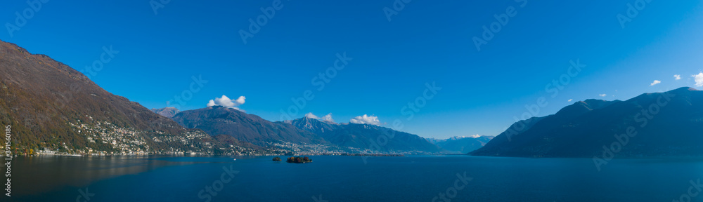 Landscape of Maggiore Lake and Brissago islands in sunny autumn day