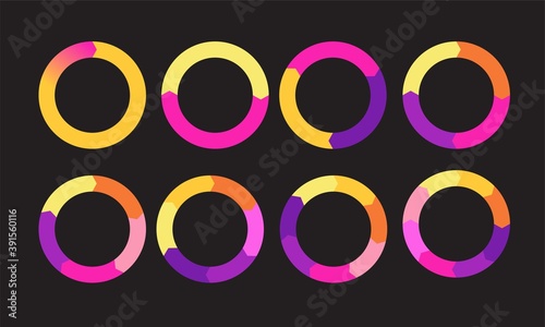 Pie chart circular diagrams with arrows. Business infographic circle sections and round donut pieces.
