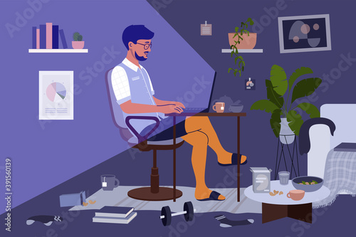 Messy home office. Business man, freelancer or student in shirt and shorts working from home by laptop. Virtuality vs reality of remote work. Guy making online video call in chaos. Vector illustration