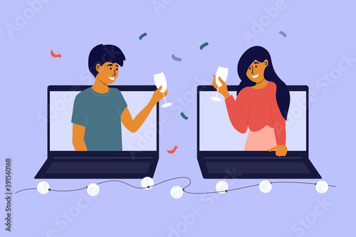 People celebrate event remotely. Meeting friends on virtual party. Online dating, birthday, christmas, new year. Man and woman make video call by laptop, talk, drink wine. Digital vector illustration