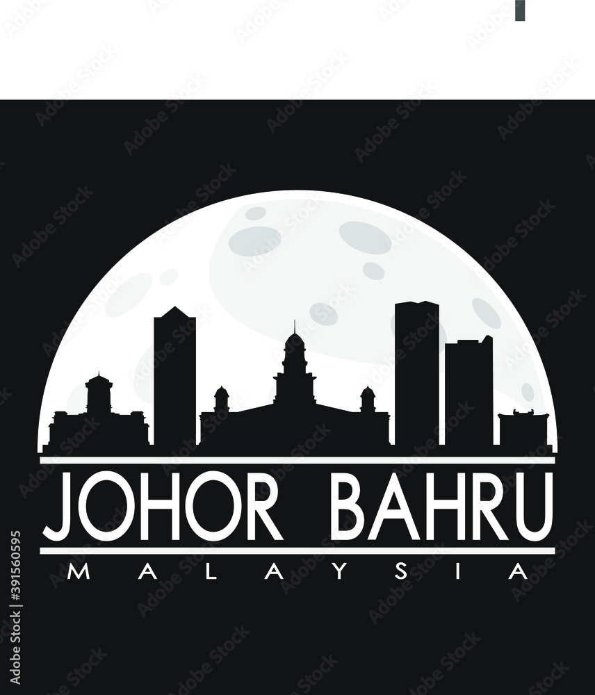 Johor Bahru Malaysia Full Moon Night Skyline Silhouette Design City Vector Art.