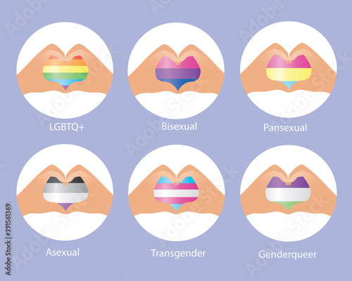 LGBTQ flag, icon set isolated, flat vector stock illustration with hands rainbow heart, symbol of homosexuality, bisexuality, transgender, asexuality