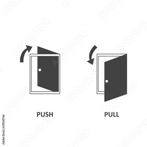 Set open door. Push door icon and pull door icon. Arrow symbol. Vector