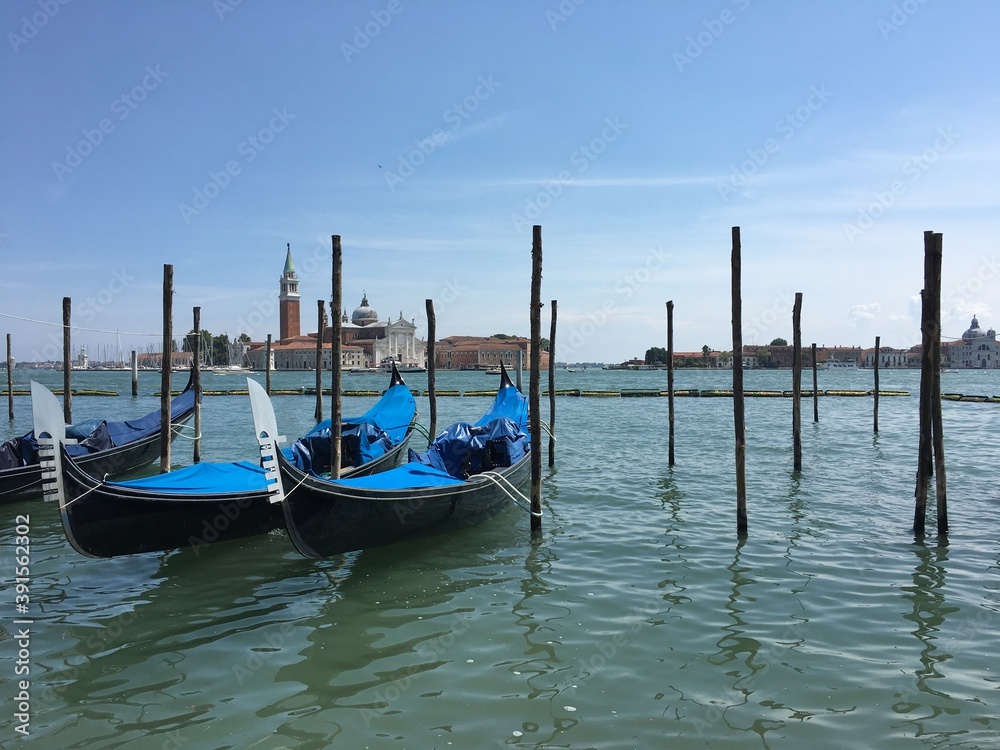 gondolas in Venice with San Marco