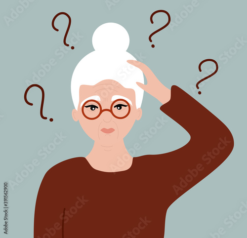 cute cartoon character old woman with memory loss disease vector concept illustration