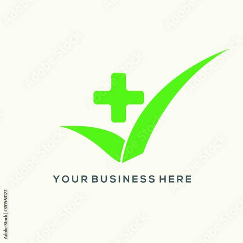 Medical cross logo with leaf.Healthcare and medicinal sign.Green icon isolated on light color background.First aid flat geometric symbol for medics, doctors and pharmacy.