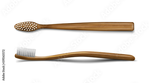 Wooden or bamboo toothbrush mockup, dental care and oral hygiene stomatological product, wood toiletries templates, wood tooth brush isolated on white background. Realistic 3d vector illustration