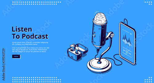 Listen to podcast banner. Record radio broadcast, audio interview, live talk. Vector landing page of podcasting business with isometric media equipment, microphone, smartphone and speakers