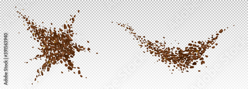 Coffee explosion, realistic ground bean powder burst with brown particles splash, flying granules, design elements for beverage or cafe isolated on transparent background, 3d vector illustration