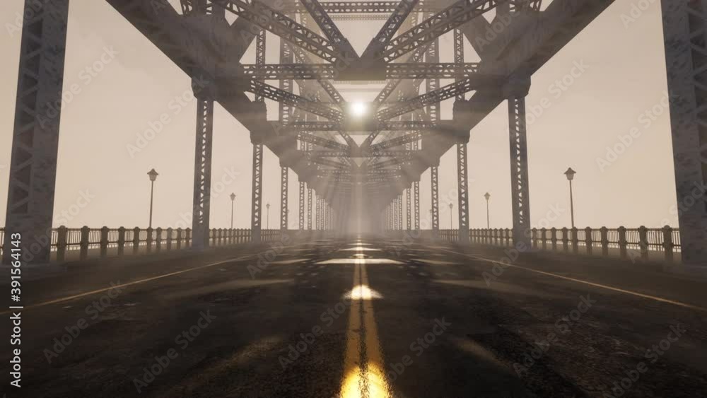 Moving slowly along an empty and desolate suspension bridge with sunlight rays penetrating through the steel beams from above.