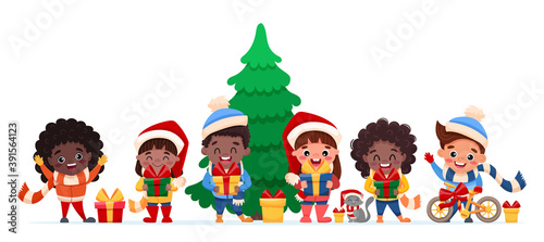 Happy children from different countries and nations celebrating Christmas and New Year holding gifts in their hands. Cute cartoon kids characters and cat. Vector flat illustration
