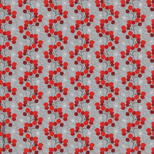 Christmas seamless pattern  branches with red berries and snowflakes  gray