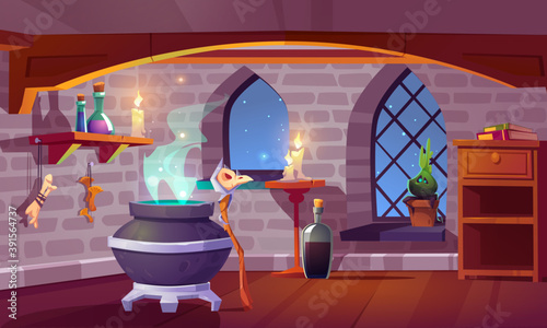 Magic room interior with witch stuff cauldron, staff with bird skull, burning candles, potion in beakers, bones and potted plant front of arch window with starry sky view, pc game cartoon illustration