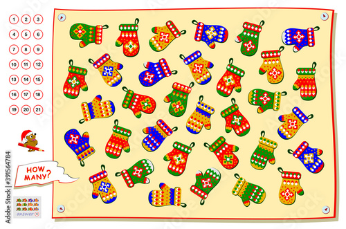 Logic puzzle game for children and adults. How many pairs of identical mittens can you find? Printable page for brain teaser book. IQ test. Play online. Memory exercise for seniors.