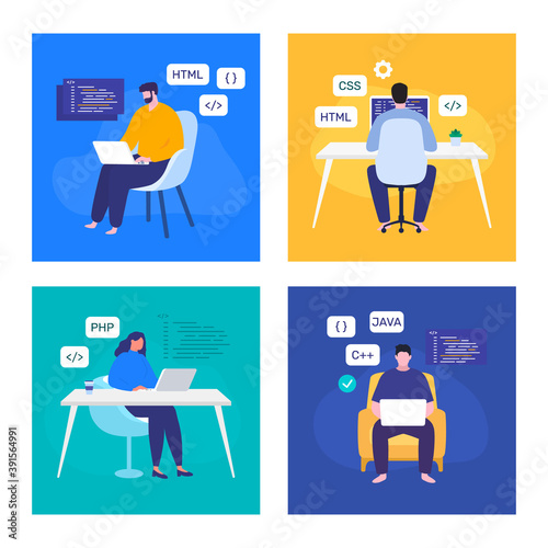Programmers coding. Web development. Remote freelance coders. Vector