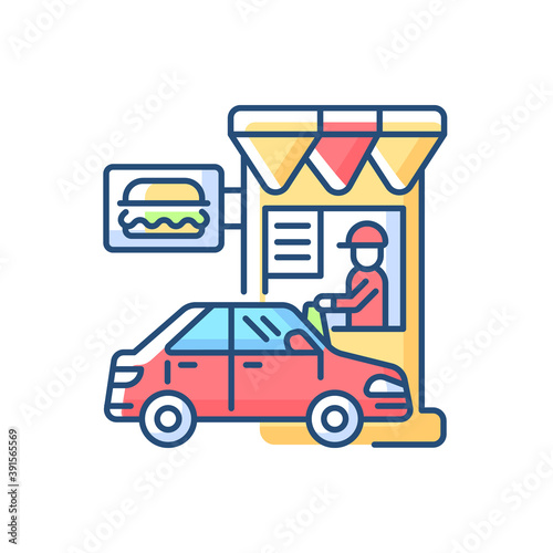 Drive through restaurant RGB color icon. Fast food cafe with car lane. Retail, commercial service. Cantine chain. Buy burger for take away. Take out junk food. Isolated vector illustration