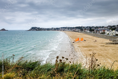 Pleneuf Val Andre beach and city landscape, Brittany, France photo