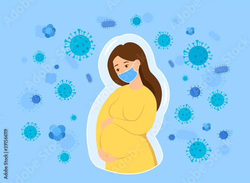 Maternity and pregnancy protection abstract concept. Pretty pregnant woman wearing face mask and protecting herself from infection. Prevention and immunity. Flat cartoon vector illustration.