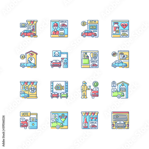 Drive through services RGB color icons set. Auto on fast food window. Groceries store. Coffee shop takeaway. Burger takeout. Drugstore, express mail delivery. Isolated vector illustrations