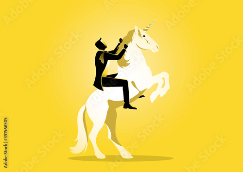 Businessman riding a unicorn