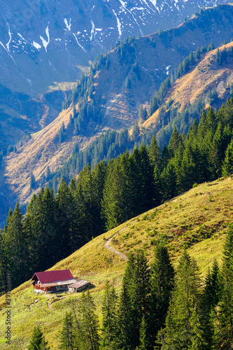 Vertical shot of the view of mountains from the Walmendingerhorn, Mittelberg, Austria photo