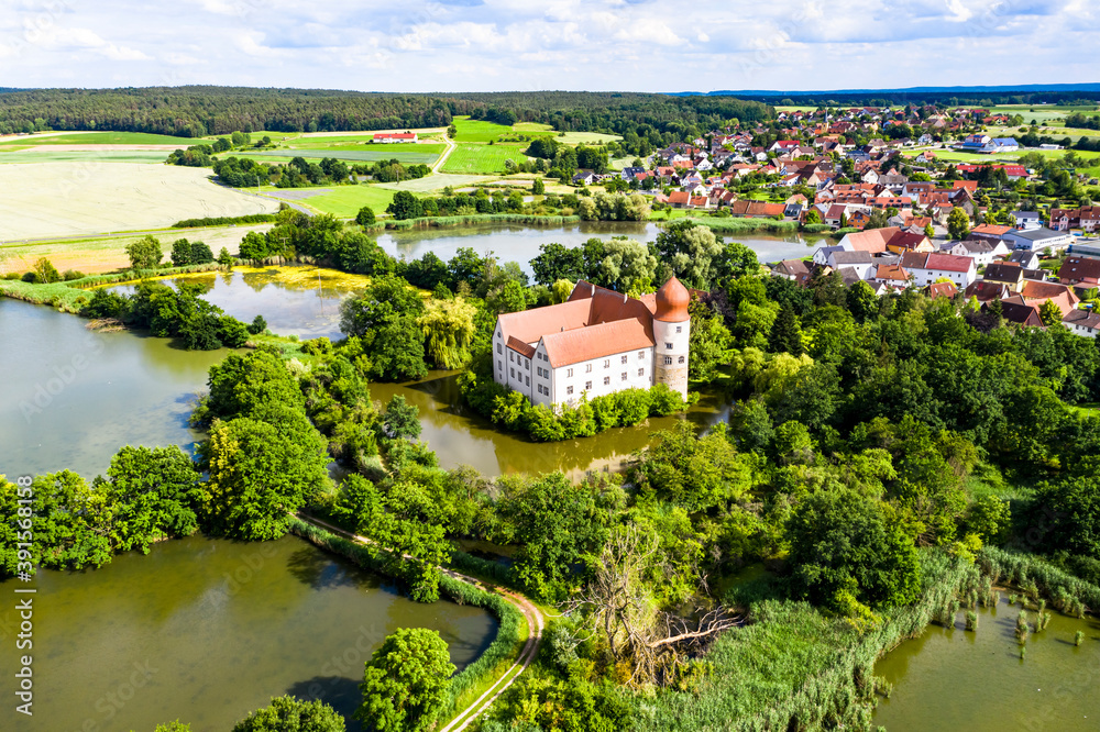 Aerial view, Neuhaus moated castle, Adelsdorf municipality, Bavaria, Germany