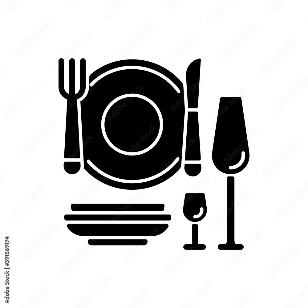 Eating utensils black glyph icon. Serving equipment. Table setting. Dinner plate, cutlery, wine glasses. Silverware and flatware. Silhouette symbol on white space. Vector isolated illustration Eating utensils black glyph icon. Serving equipment. Table setting. Dinner plate, cutlery, wine glasses. Silverware and flatware. Silhouette symbol on white space. Vector isolated illustration