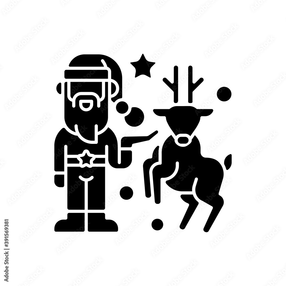 Christmas decor black glyph icon. Artificial tree decorations. Santa Claus and reindeer. Wreaths, garlands, candles. December 25. Silhouette symbol on white space. Vector isolated illustration