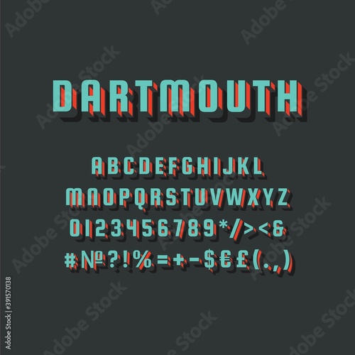 Dartmouth vintage 3d vector alphabet set. Retro bold font, typeface. Pop art stylized lettering. Old school style letters, numbers, symbols pack. 90s, 80s creative typeset design template
