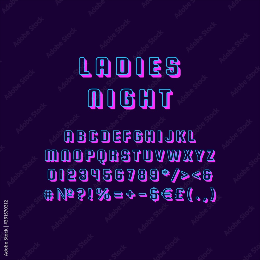 Plakat Ladies night vintage 3d vector alphabet set. Retro bold font, typeface. Pop art stylized lettering. Old school style letters, numbers, symbols pack. 90s, 80s creative typeset design template
