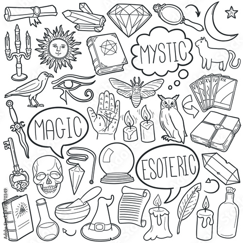 Mystic doodle icon set. Magic Vector illustration collection. Esoteric Banner Hand drawn Line art style.