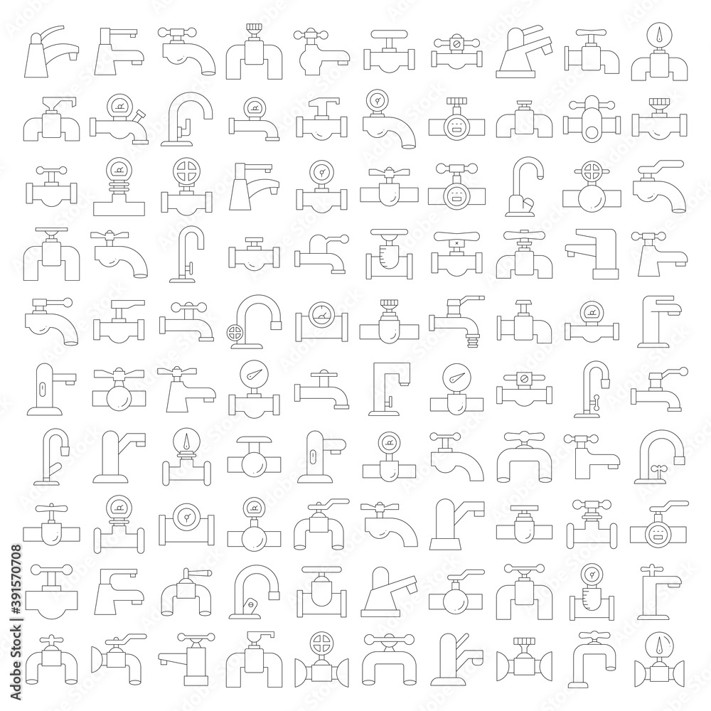 big set of water tap valve and gauge icons thin line design big set of water tap valve and gauge icons thin line design