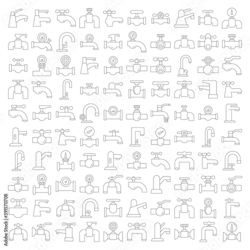 big set of water tap valve and gauge icons thin line design