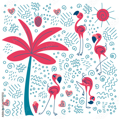 Doodle flamingo with palm tree and fillers. Summer exotic collection. Vector illustration.