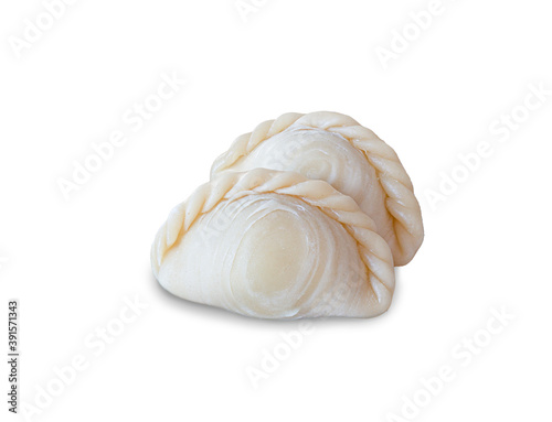 Image isolated samosas or double curry separated as food or dessert snack have a delicious and spicy taste made from bread on white background with clipping path.