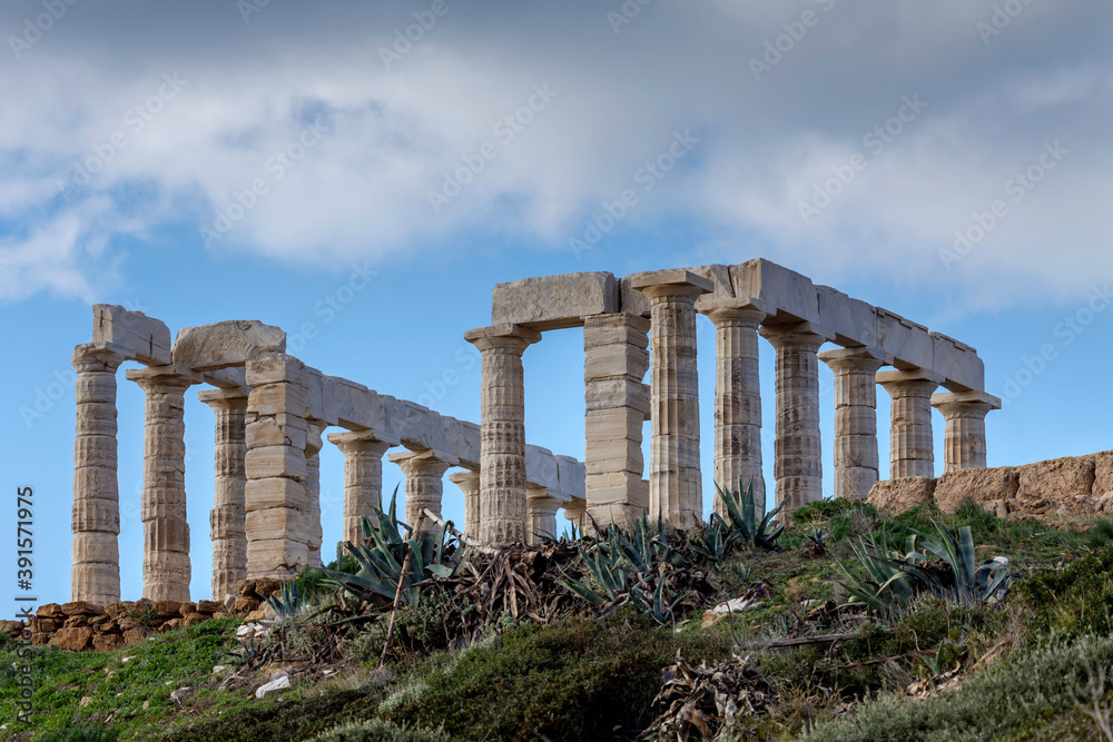 Cape Sounion and archaic-period temple of Poseidon (Lavreotiki municipality, East Attica, Greece).
