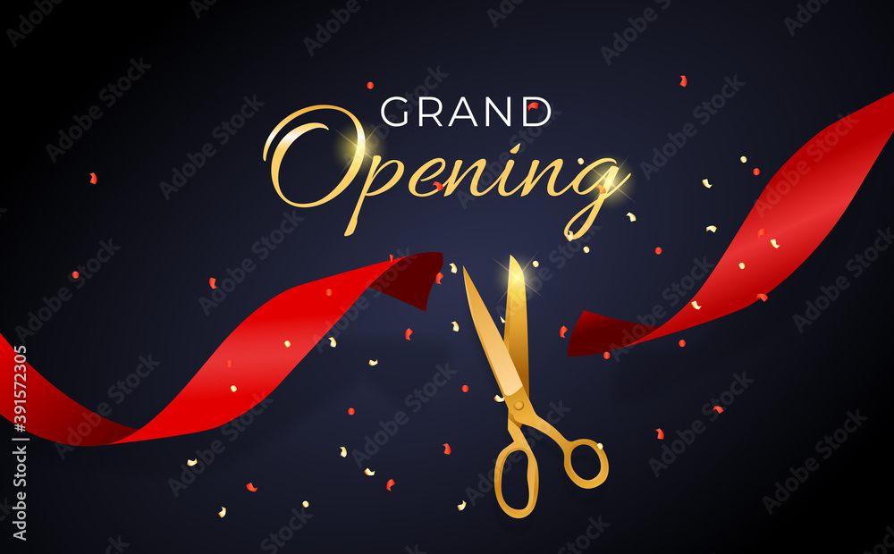 Premium Vector  Grand opening card with red ribbon background