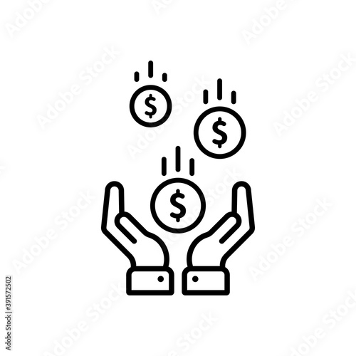 Hand holds a pile of golden coins line icon in black. Vector EPS 10. Isolated on white background