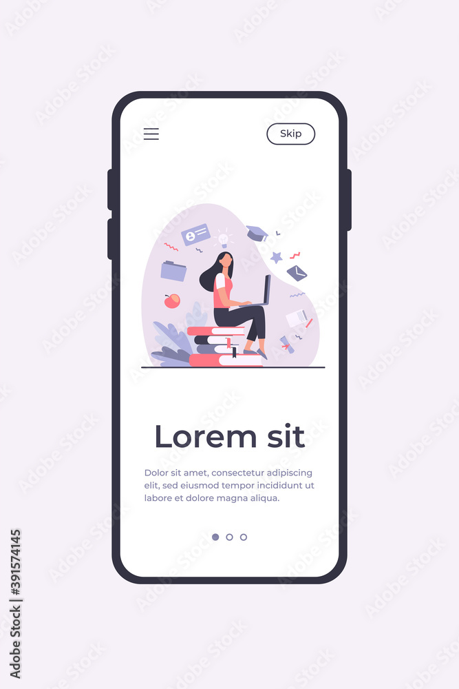 Naklejka premium Student with laptop studying on online course. Woman sitting on stack of books and using computer. Vector illustration for internet school, knowledge, education concept