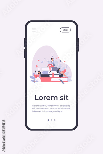 Students studying textbooks. Woman sitting on stack of books and reading. Vector illustration for library, bookworm, bookstore concept