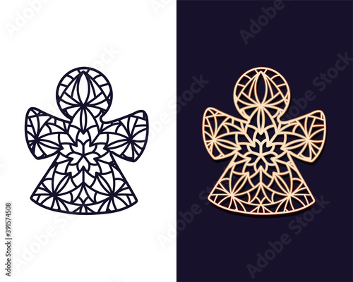 Christmas tree toy. Openwork angel carved stencil for cutting out of paper or on a plotter