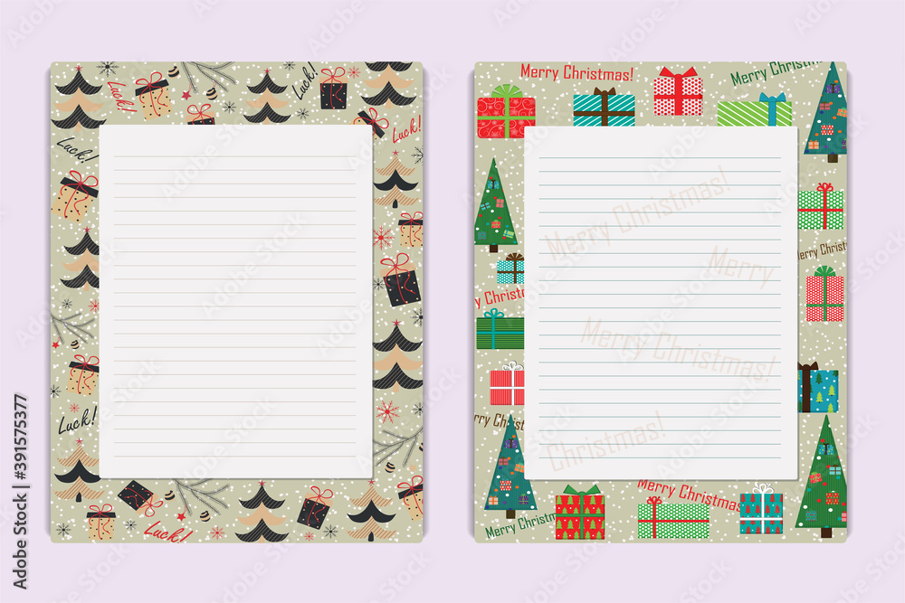 A4 note sheets with winter-themed frames with Christmas trees and Christmas elements A4 note sheets with winter-themed frames with Christmas trees and Christmas elements