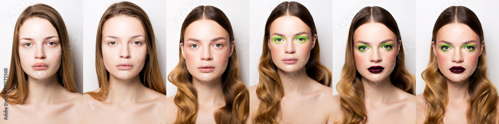 Panoramic photo of a girl model creating a make-up step by step instructions.