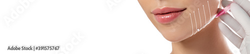 Threadlifting on beautiful female face close up. Procedure mesothreads lifting skin isolated on white. Web banner photo